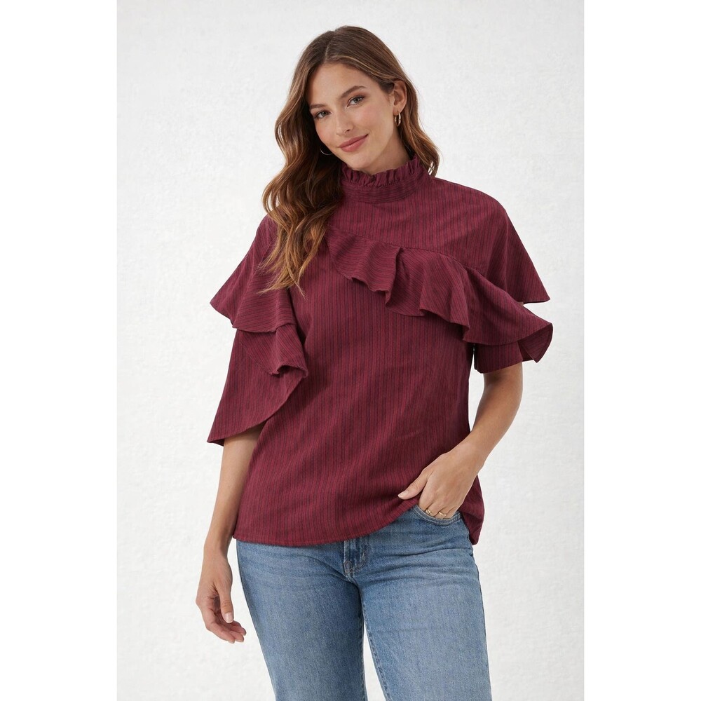 Manoush Women Burgandy Stripe Asymmetric Ruffle Coquette Top Hi Neck Blouse Sz 4